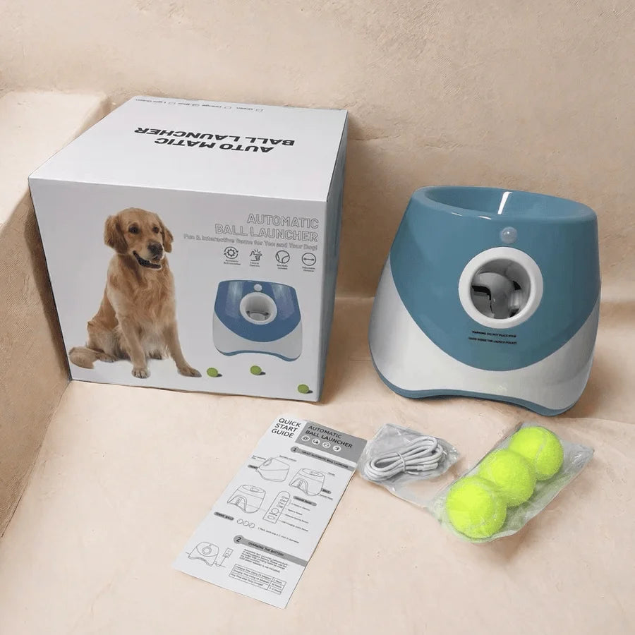 Zoomies Australia automatic dog ball launcher with blue white design included tennis balls and charging cable