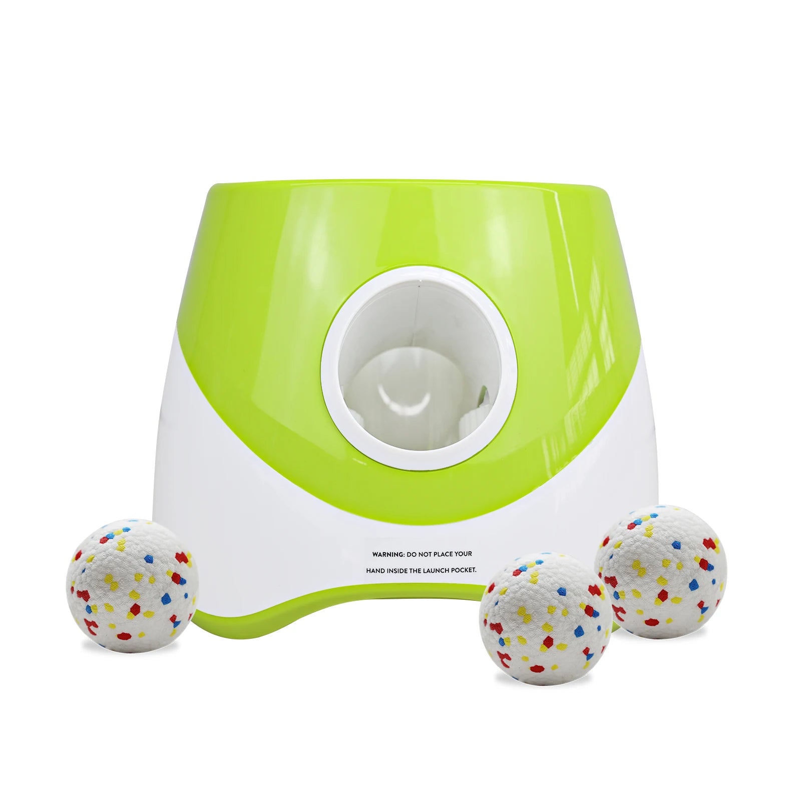 Zoomies Australia automatic dog ball launcher in green and white with three colorful speckled balls