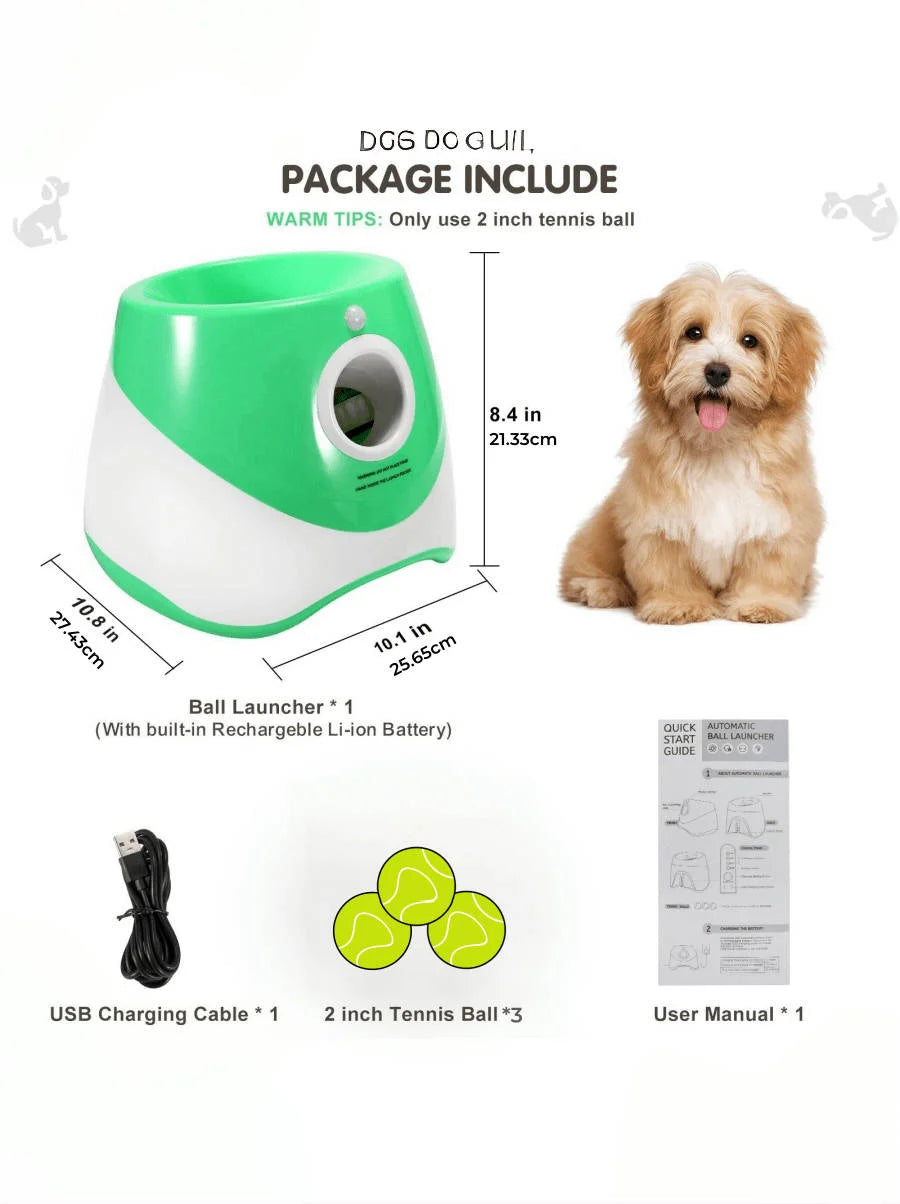 Zoomies Australia automatic dog ball launcher with USB charging cable and three 2 inch tennis balls