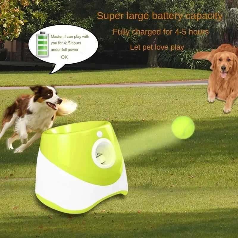 Zoomies Australia automatic dog ball launcher in green and white with two dogs playing on grass