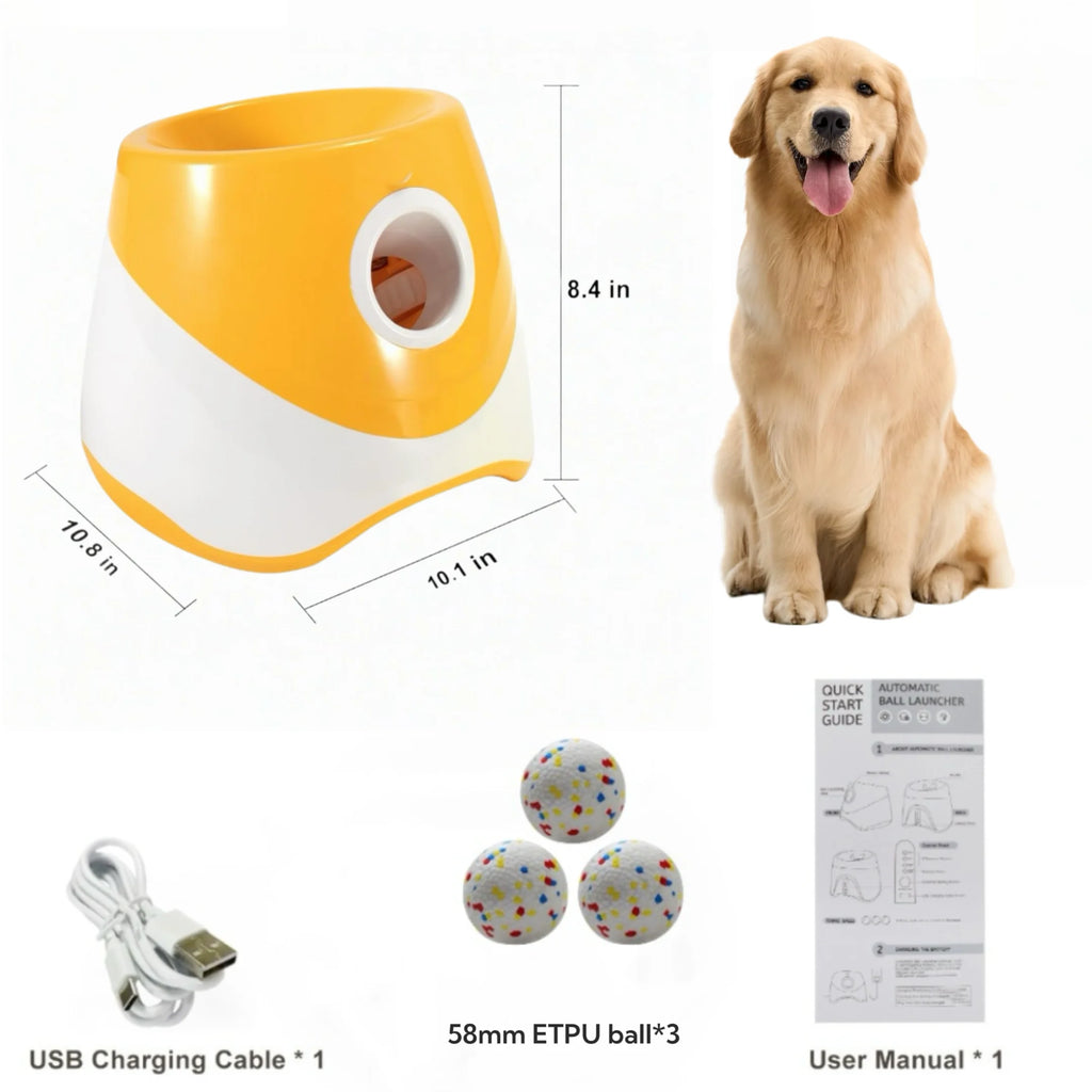 Zoomies Australia automatic dog ball launcher with yellow and white design includes USB charging cable three 58mm balls and user manual