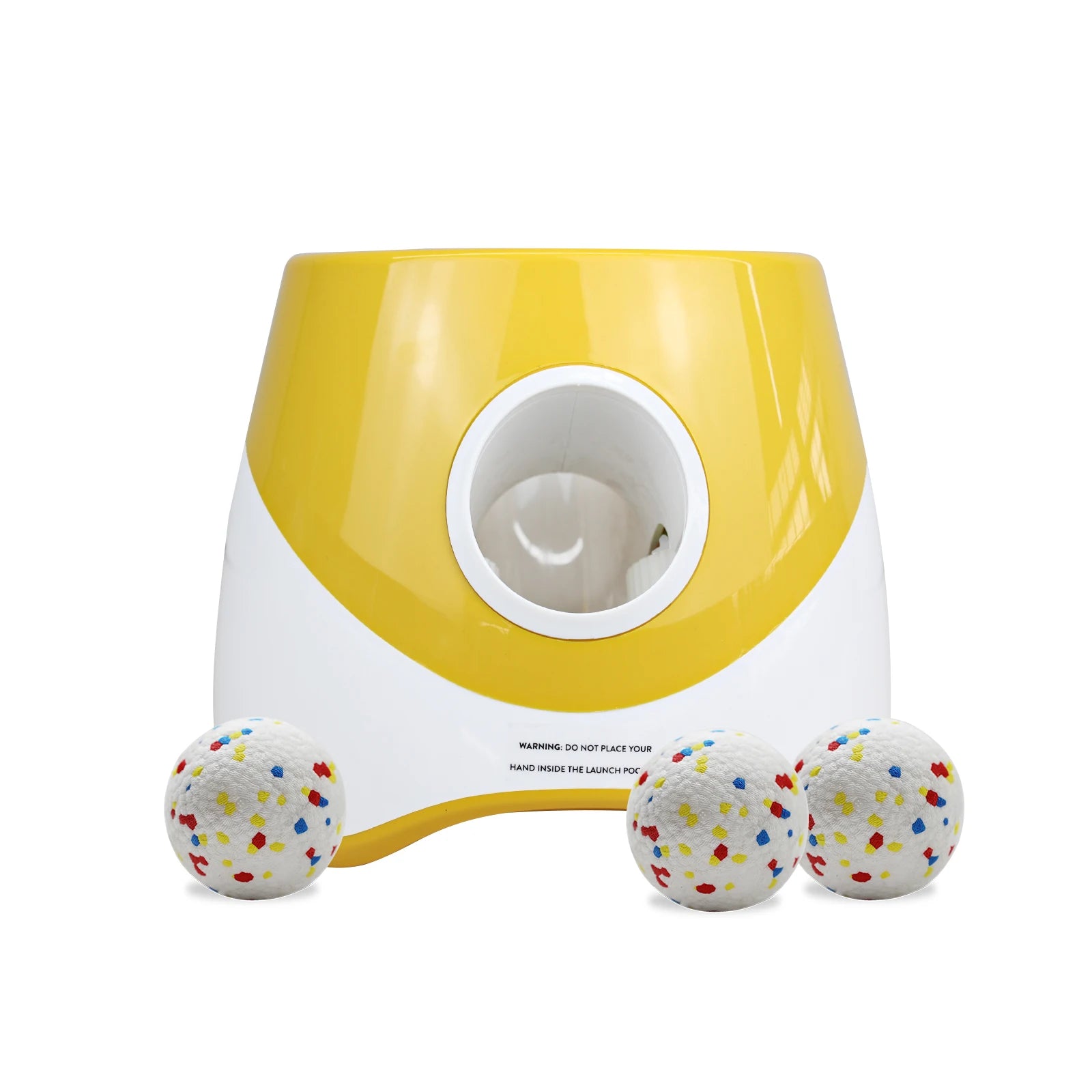 Zoomies Australia automatic dog ball launcher in yellow and white with three speckled balls for pet play