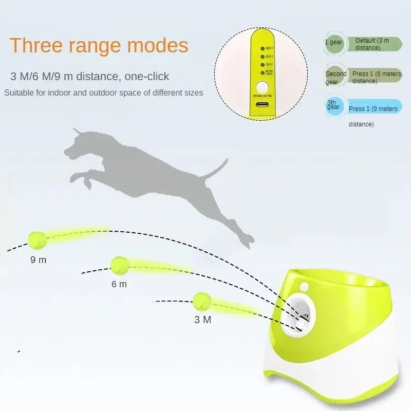 Zoomies Australia automatic dog ball launcher with three range modes for 3, 6, and 9 meters distance
