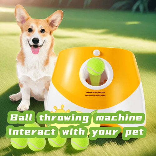 Automatic dog ball launcher in yellow and white with tennis ball loaded next to a happy corgi on grass