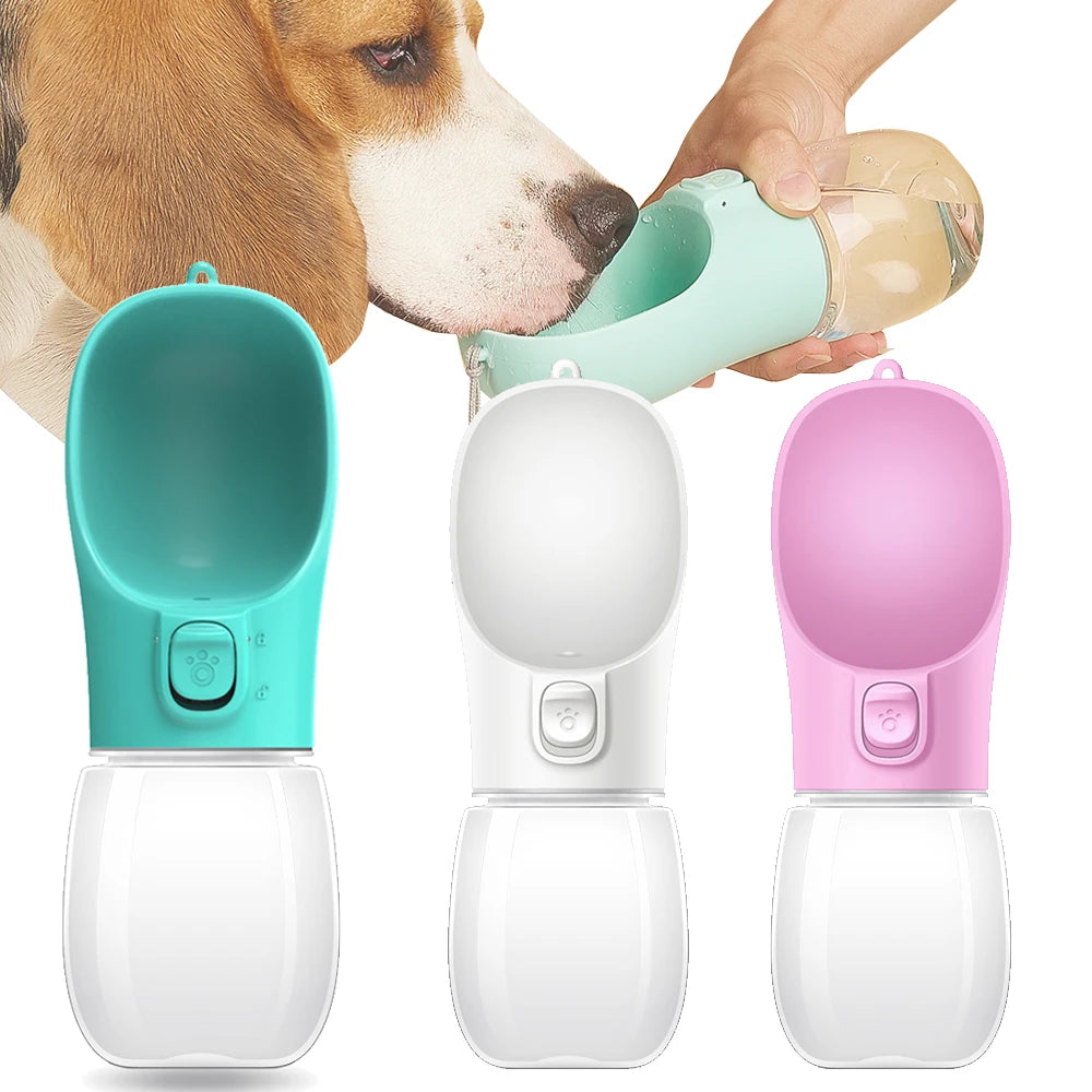 Zoomies Australia portable dog water bottle in blue white and pink colors with built-in bowl for easy pet hydration