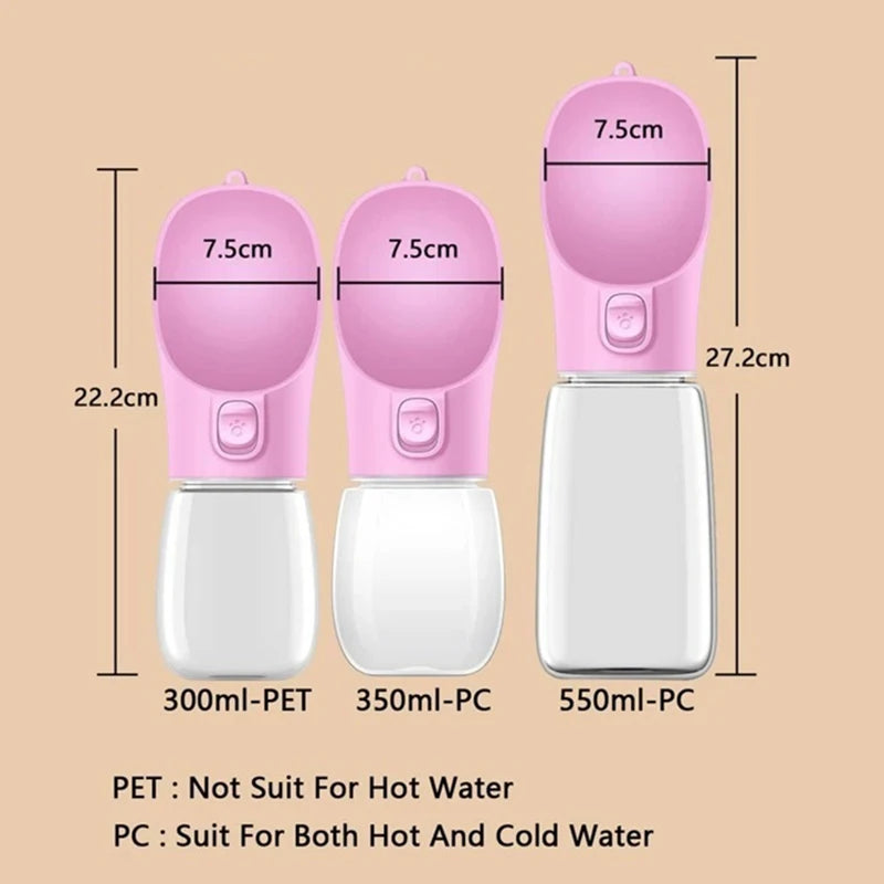 Zoomies Australia portable dog water bottle in pink with three size options 300ml, 350ml, and 550ml for hot and cold water