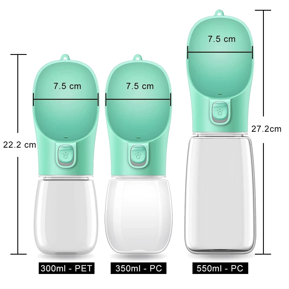 Zoomies Australia portable dog water bottle in three sizes 300ml PET 350ml PC and 550ml PC with dimensions