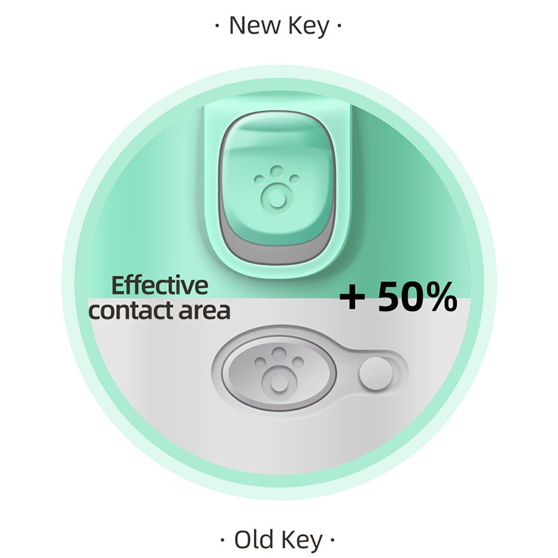 Comparison of new and old key design showing 50 percent more effective contact area for portable dog water bottle