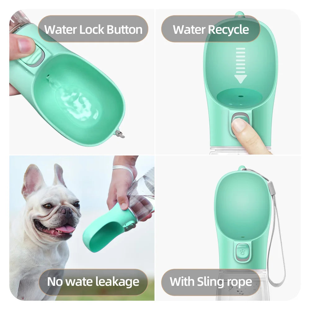Zoomies Australia portable dog water bottle with water lock button, water recycle feature, no leakage, and sling rope