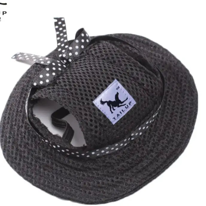 Black breathable pet sunhat for small dogs and cats with polka dot bow and adjustable strap