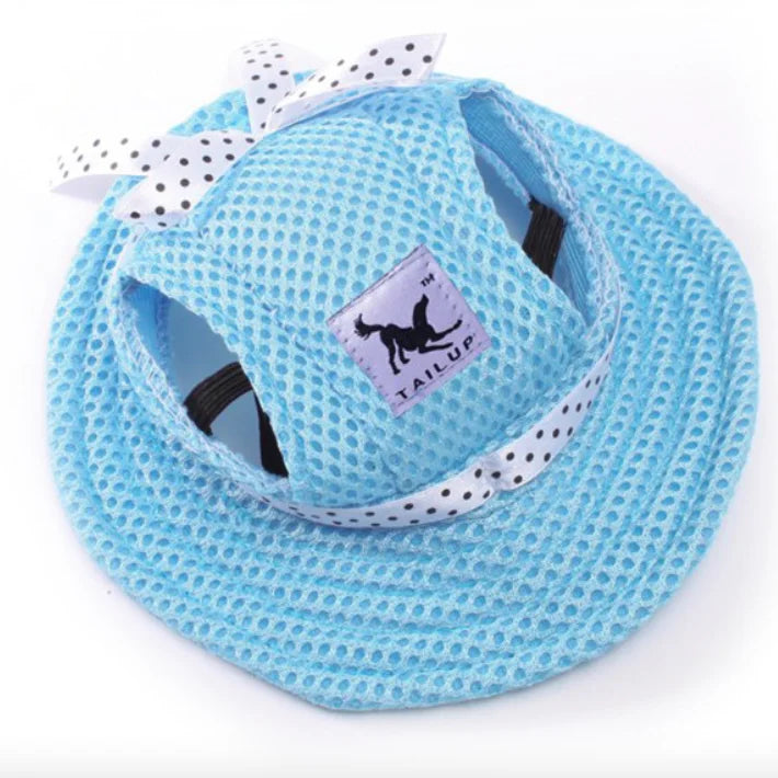 Blue pet sunhat for small dogs and cats with breathable mesh fabric and polka dot bow