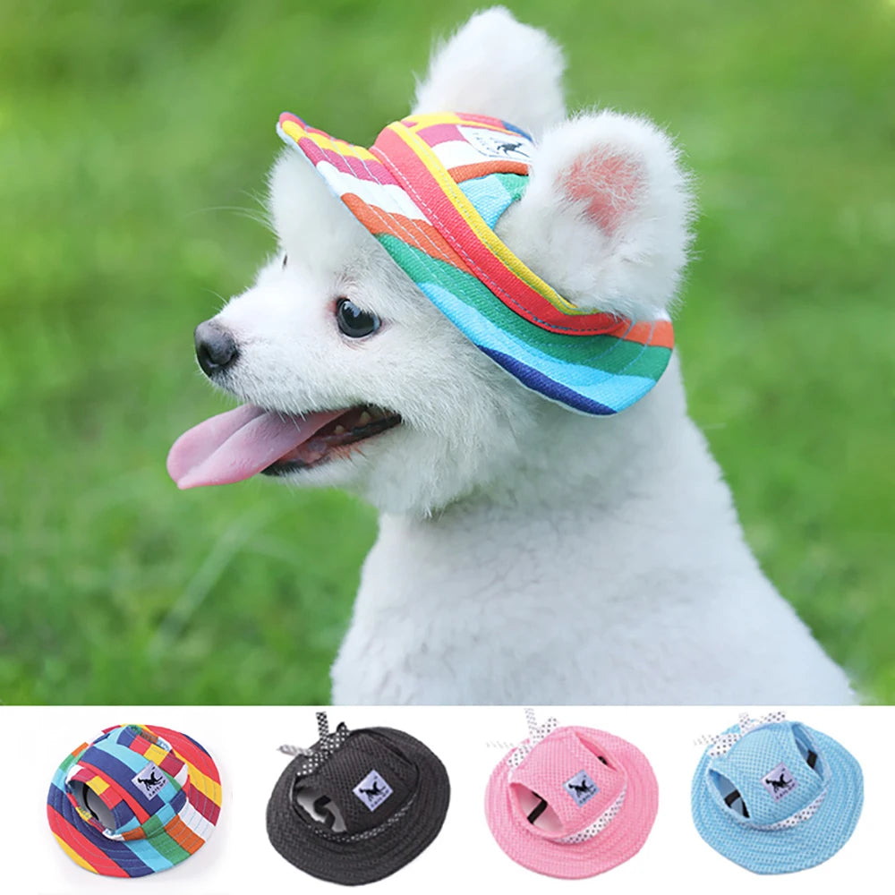 Colorful pet sunhat for small dogs and cats worn by a white dog with additional sunhat color options