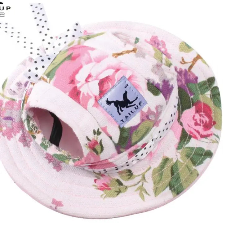 Floral pet sunhat for small dogs and cats with polka dot strap and breathable fabric