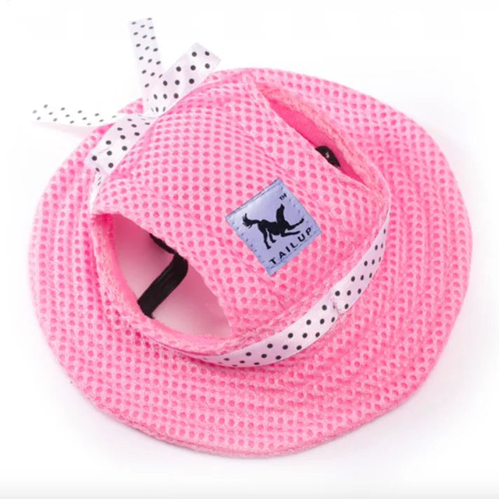 Pink pet sunhat for small dogs and cats with polka dot ribbon and breathable mesh fabric