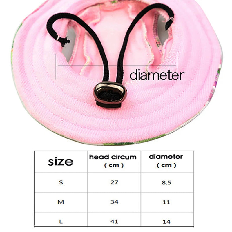 Pink pet sunhat for small dogs and cats with adjustable black chin strap and size diameter chart
