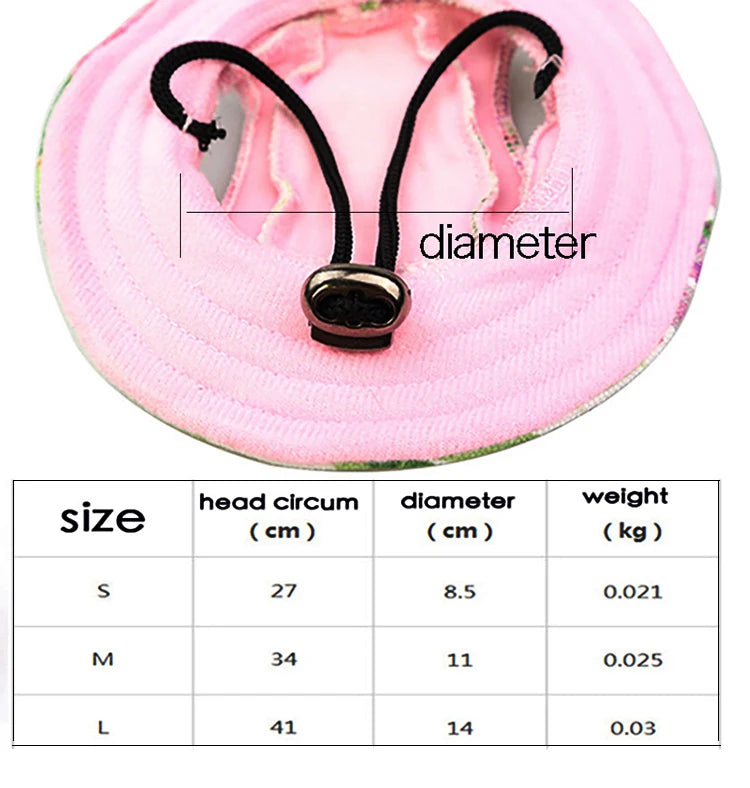 Pink pet sunhat for small dogs and cats with adjustable strap and size chart for head circumference and diameter